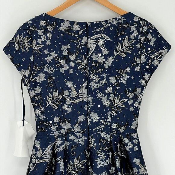 Theia Metallic Floral Jacquard A-Line Dress Knee Length Beaded Sequin Blue 2 - Picture 9 of 15